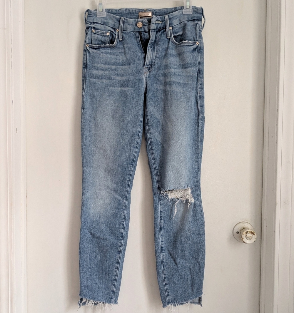 MOTHER The Looker Ankle Step Fray Jeans Exposed Secret Sister Blue Skinny 25